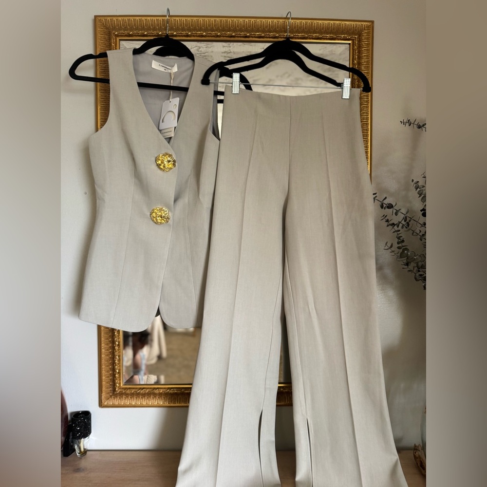 Viral Cream Tailored Vest & Wide Leg Slit Pants Set ✨ Euro Summer Chic NWT - Picture 10 of 15